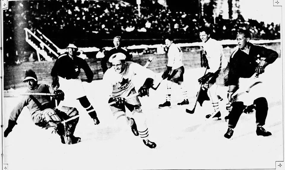 Canada vs. Switzerland ice hockey game in St Moritz, 1928 or 1929 photo