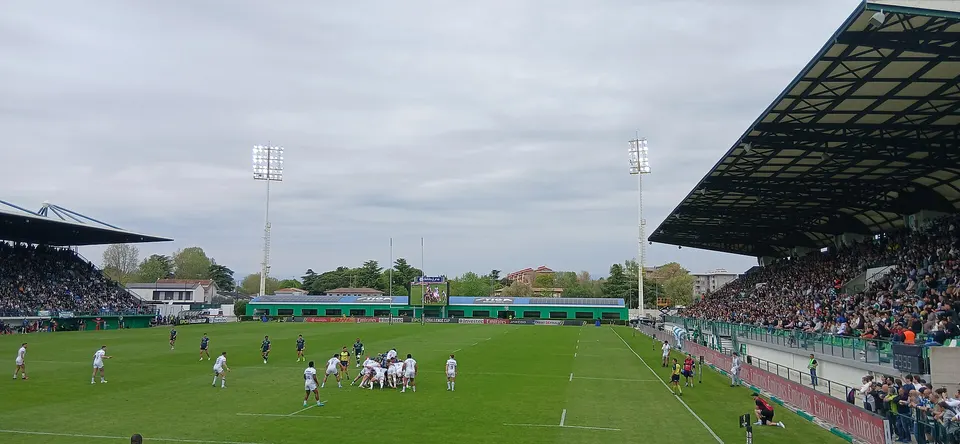 ​Action shot during a rugby match at Monigo Stadium in Treviso.
